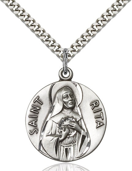 St. Rita of Cascia Medal, Sterling Silver - 24" 2.2mm Sterling Silver Chain + Clasp