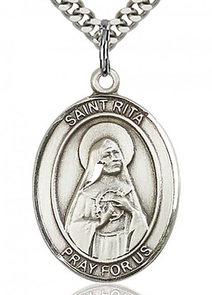 St. Rita of Cascia Medal, Sterling Silver, Large - 24" 2.4mm Rhodium Plate Chain + Clasp
