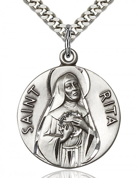 St. Rita of Cascia Medal, Sterling Silver - 24" 2.4mm Rhodium Plate Endless Chain