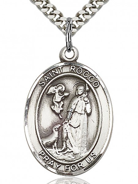 St. Rocco Medal, Sterling Silver, Large - 24" 2.4mm Rhodium Plate Endless Chain