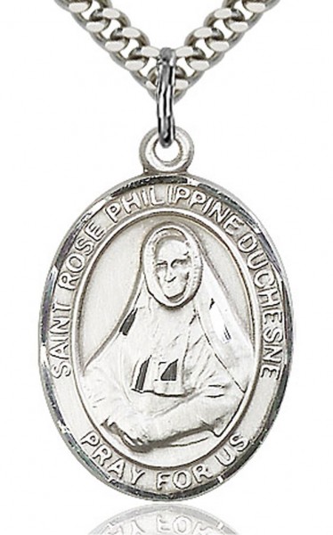 St. Rose Philippine Medal, Sterling Silver, Large - 24" 2.4mm Rhodium Plate Chain + Clasp