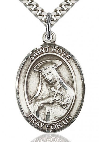 St. Rose of Lima Medal, Sterling Silver, Large - 24" 2.4mm Rhodium Plate Chain + Clasp