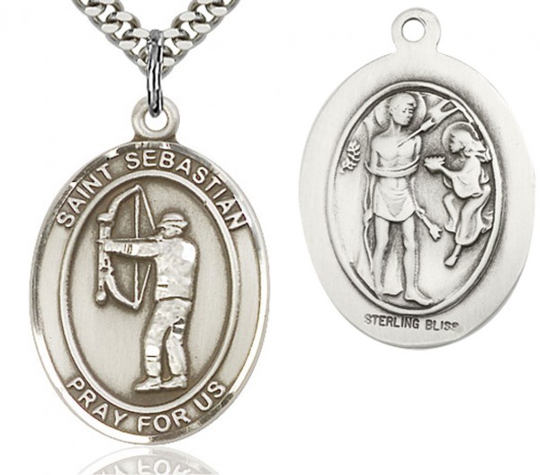 St. Sebastian Archery Medal, Sterling Silver, Large - 24" 2.4mm Rhodium Plate Endless Chain