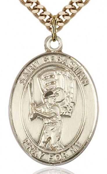 St. Sebastian Baseball Medal, Gold Plated - 24" 2.4mm Gold Plated Endless Chain