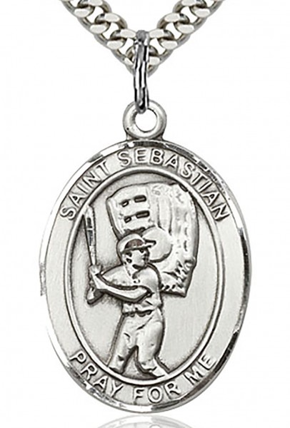 St. Sebastian Baseball Medal, Sterling Silver, Large - 24" 2.4mm Rhodium Plate Endless Chain