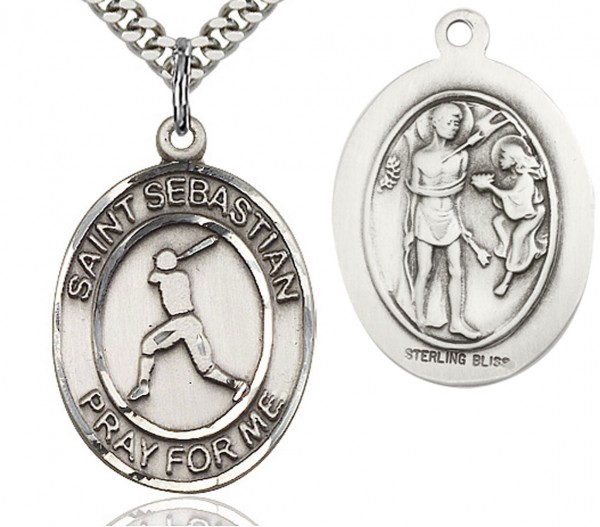 St. Sebastian Baseball Medal, Sterling Silver, Large - 24" 2.4mm Rhodium Plate Endless Chain