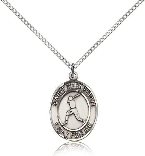 St. Sebastian Baseball Medal, Sterling Silver, Medium - 18" Lite Rhodium Plate Chain + Clasp