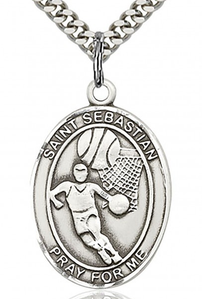 St. Sebastian Basketball Medal, Sterling Silver, Large - 24" 2.4mm Rhodium Plate Endless Chain