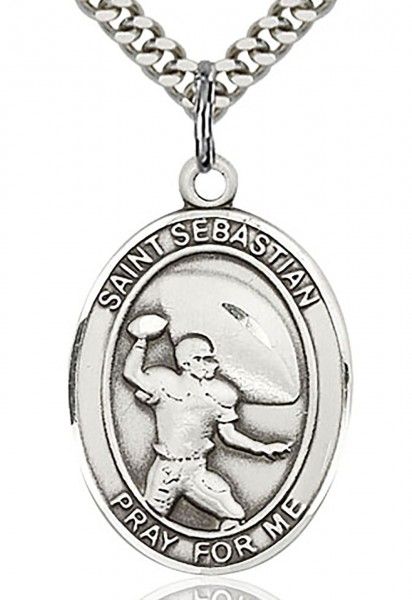 St. Sebastian Football Medal, Sterling Silver, Large - 24" 2.4mm Rhodium Plate Endless Chain
