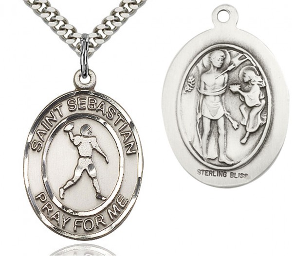 St. Sebastian Football Medal, Sterling Silver, Large - 24" Sterling Silver Chain + Clasp