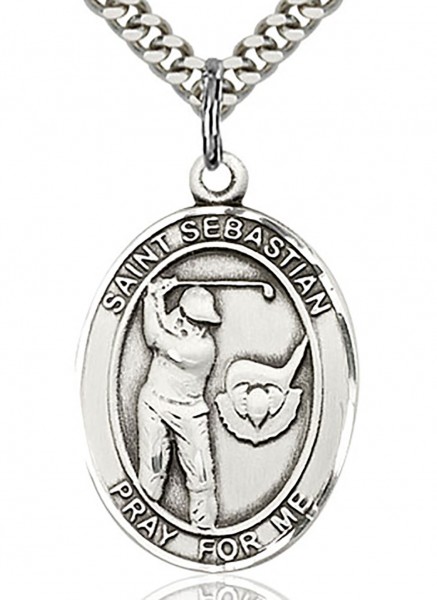 St. Sebastian Golf Medal, Sterling Silver, Large - 24" Sterling Silver Chain + Clasp