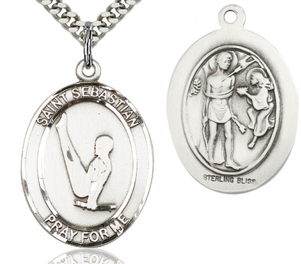 St. Sebastian Gymnastics Medal, Sterling Silver, Large - 24" 2.4mm Rhodium Plate Endless Chain