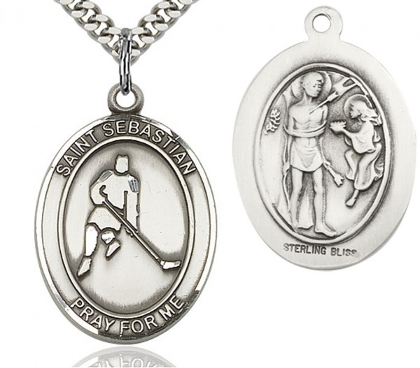 St. Sebastian Ice Hockey Medal, Sterling Silver, Large - 24" 2.4mm Rhodium Plate Endless Chain