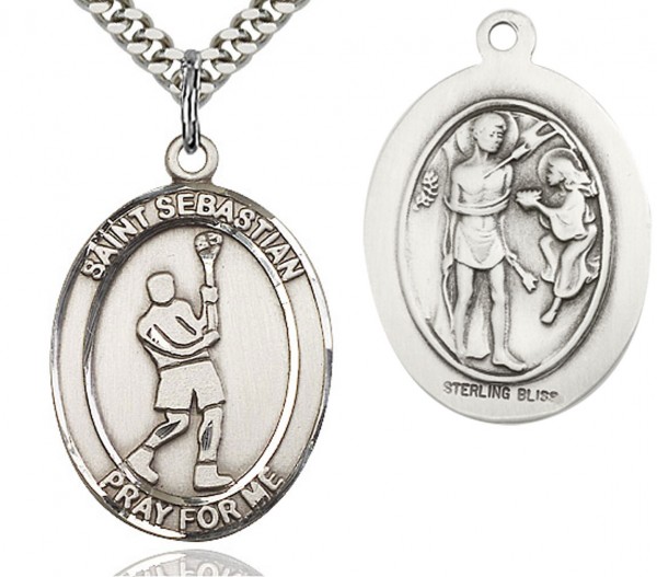 St. Sebastian Lacrosse Medal, Sterling Silver, Large - 24" Sterling Silver Chain + Clasp