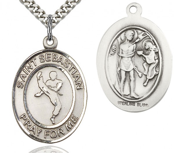 St. Sebastian Martial Arts Medal, Sterling Silver, Large - 24" Sterling Silver Chain + Clasp