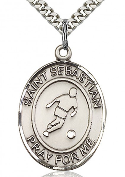 St. Sebastian Soccer Medal, Sterling Silver, Large - 24" 2.4mm Rhodium Plate Chain + Clasp