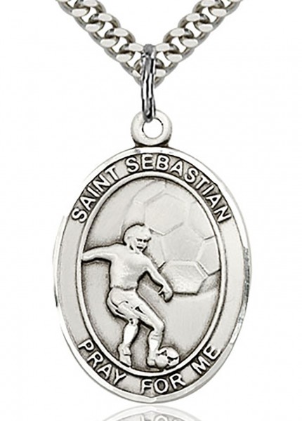 St. Sebastian Soccer Medal, Sterling Silver, Large - 24" 2.4mm Rhodium Plate Endless Chain