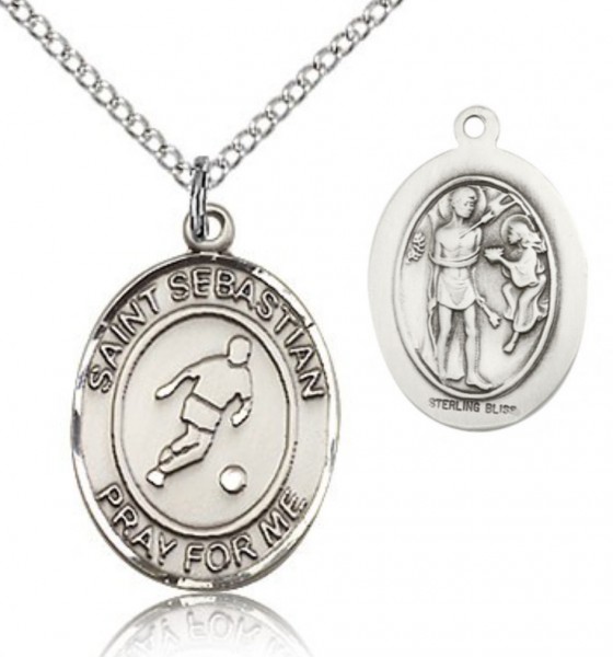 St. Sebastian Soccer Medal, Sterling Silver, Medium - 18" 1.2mm Sterling Silver Chain + Clasp