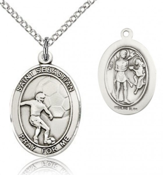 St. Sebastian Soccer Medal, Sterling Silver, Medium - 18" 1.2mm Sterling Silver Chain + Clasp