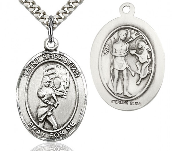 St. Sebastian Softball Medal, Sterling Silver, Large - 24" 2.4mm Rhodium Plate Endless Chain