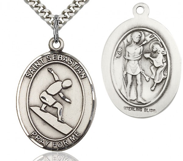 St. Sebastian Surfing Medal, Sterling Silver, Large - 24" 2.4mm Rhodium Plate Endless Chain