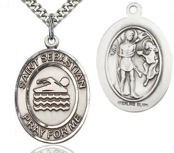 St. Sebastian Swimming Medal, Sterling Silver, Large - 24" 2.4mm Rhodium Plate Endless Chain