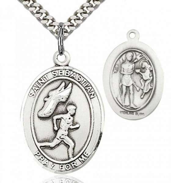 St. Sebastian Track and Field Medal, Sterling Silver, Large - 24" 2.4mm Rhodium Plate Endless Chain