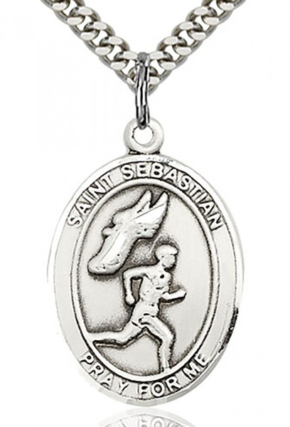 St. Sebastian Track and Field Medal, Sterling Silver, Large - 24" Sterling Silver Chain + Clasp