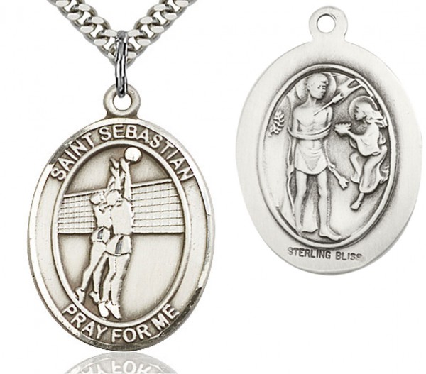St. Sebastian Volleyball Medal, Sterling Silver, Large - 24" Sterling Silver Chain + Clasp