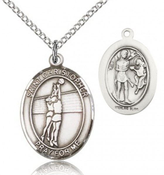 St. Sebastian Volleyball Medal, Sterling Silver, Medium - 18" 1.2mm Sterling Silver Chain + Clasp