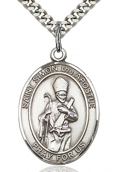 St. Simon Medal, Sterling Silver, Large - 24" 2.4mm Rhodium Plate Chain + Clasp