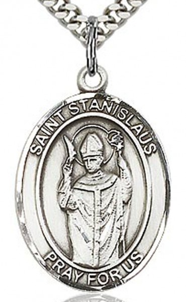 St. Stanislaus Medal, Sterling Silver, Large - 24" 2.4mm Rhodium Plate Endless Chain