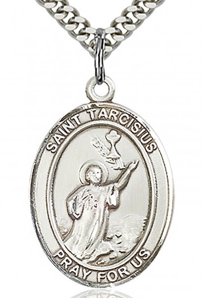 St. Tarcisius Medal, Sterling Silver, Large - 24" Sterling Silver Chain + Clasp