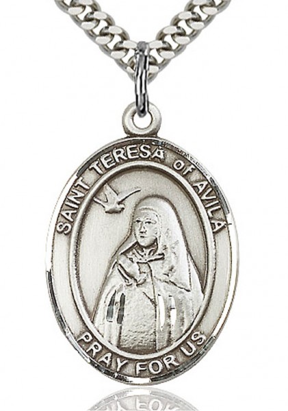 St. Teresa of Avila Medal, Sterling Silver, Large - 24" 2.4mm Rhodium Plate Chain + Clasp