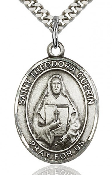 St. Theodore Guerin Medal, Sterling Silver, Large - 24" 2.4mm Rhodium Plate Chain + Clasp