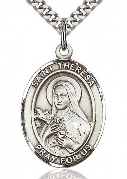 St. Theresa Medal, Sterling Silver, Large - 24" 2.4mm Rhodium Plate Chain + Clasp