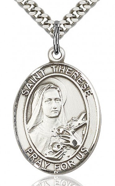 St. Therese of Lisieux Medal, Sterling Silver, Large - 24" 2.4mm Rhodium Plate Chain + Clasp