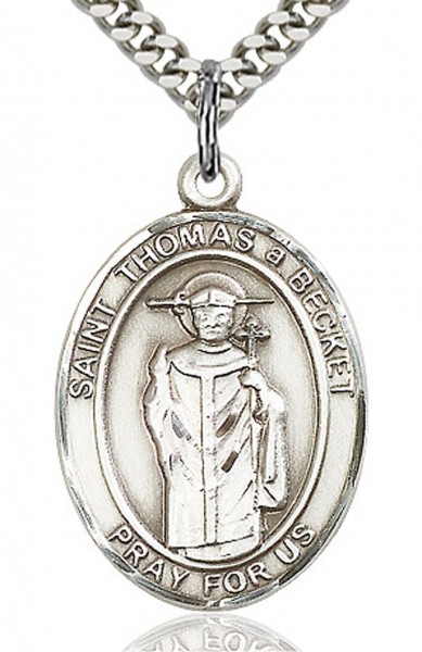 St. Thomas A Becket Medal, Sterling Silver, Large - 24" Sterling Silver Chain + Clasp