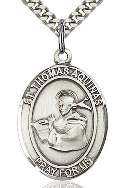 St. Thomas Aquinas Medal, Sterling Silver, Large - 24" 2.4mm Rhodium Plate Chain + Clasp