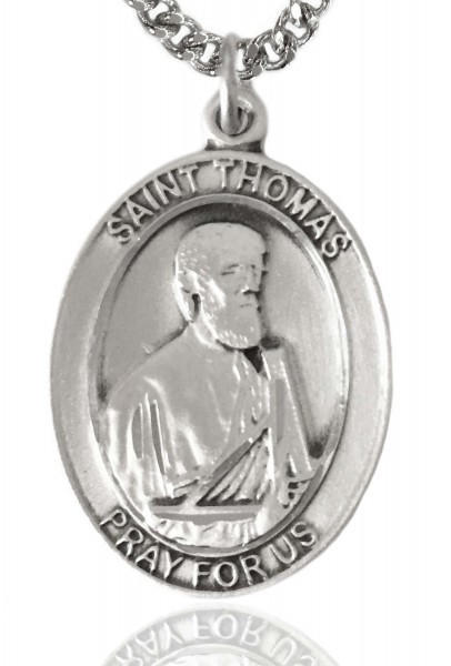 St. Thomas the Apostle Medal, Sterling Silver, Large - 24" 2.4mm Rhodium Plate Chain + Clasp