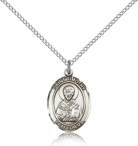 St. Timothy Medal, Sterling Silver, Medium - 18" Lite Rhodium Plate Chain + Clasp