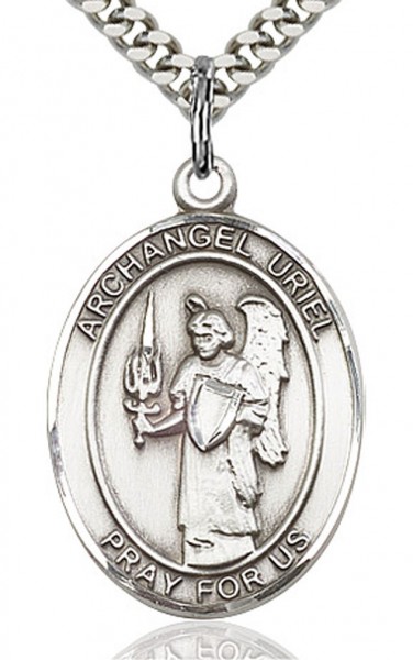 St. Uriel Medal, Sterling Silver, Large - 24" 2.4mm Rhodium Plate Chain + Clasp