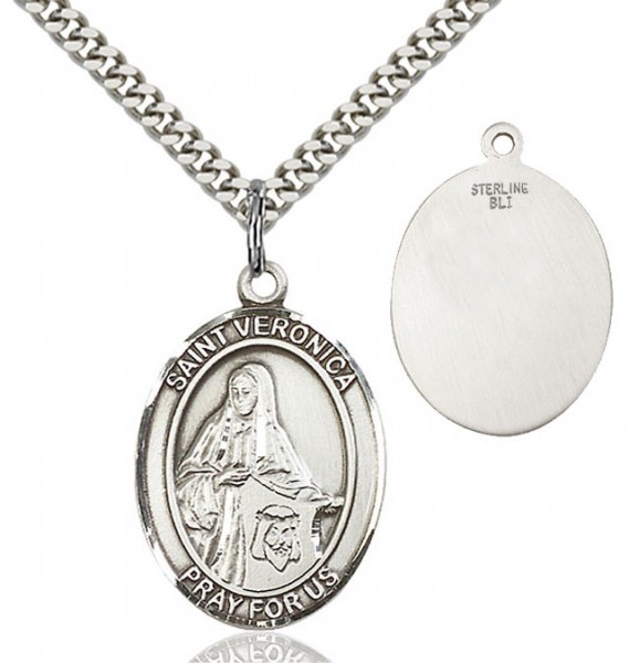 St. Veronica Medal, Sterling Silver, Large - 24" Sterling Silver Chain + Clasp