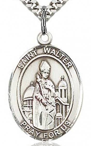 St. Walter of Pontnoise Medal, Sterling Silver, Large - 24" 2.4mm Rhodium Plate Chain + Clasp