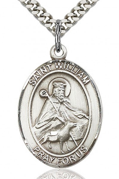 St. William of Rochester Medal, Sterling Silver, Large - 24" 2.4mm Rhodium Plate Endless Chain