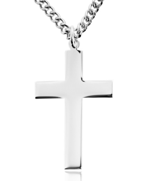 Sterling Silver High Polish Flat Cross Necklace for Men - 24" Sterling Silver Chain + Clasp