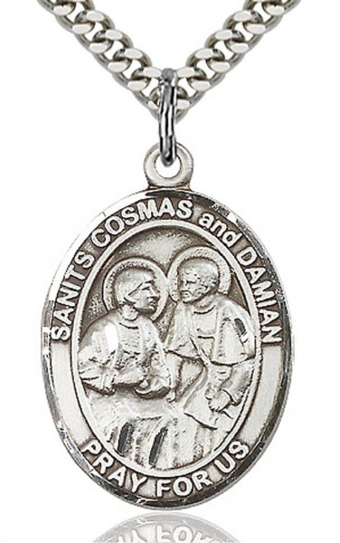 Sts. Cosmas and Damian Medal, Sterling Silver, Large - 24" 2.4mm Rhodium Plate Endless Chain
