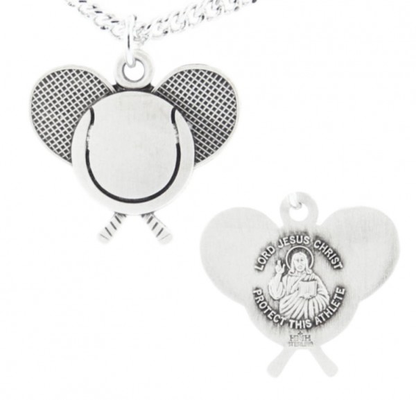 Tennis Racket and Ball Shape Necklace with Jesus Figure Back in Sterling Silver - 24" Sterling Silver Chain + Clasp
