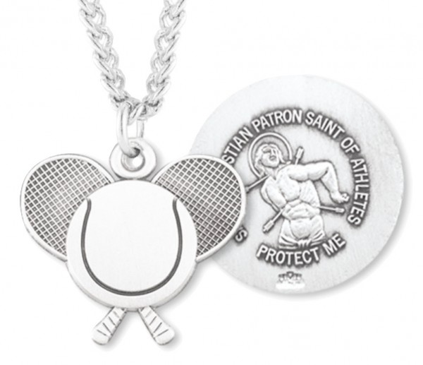 Tennis Rackets Necklace with Saint Sebastian Back in Sterling Silver - 24" 3mm Stainless Steel Endless Chain