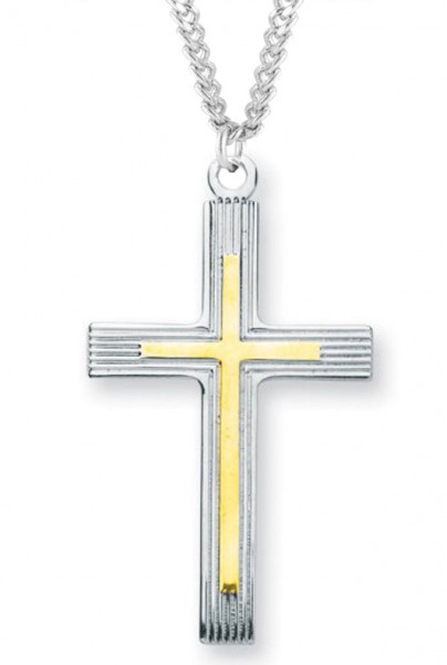 Men's Sterling Silver Two Tone Cross Necklace with Etched Borders with Chain Options - 24" Sterling Silver Chain + Clasp